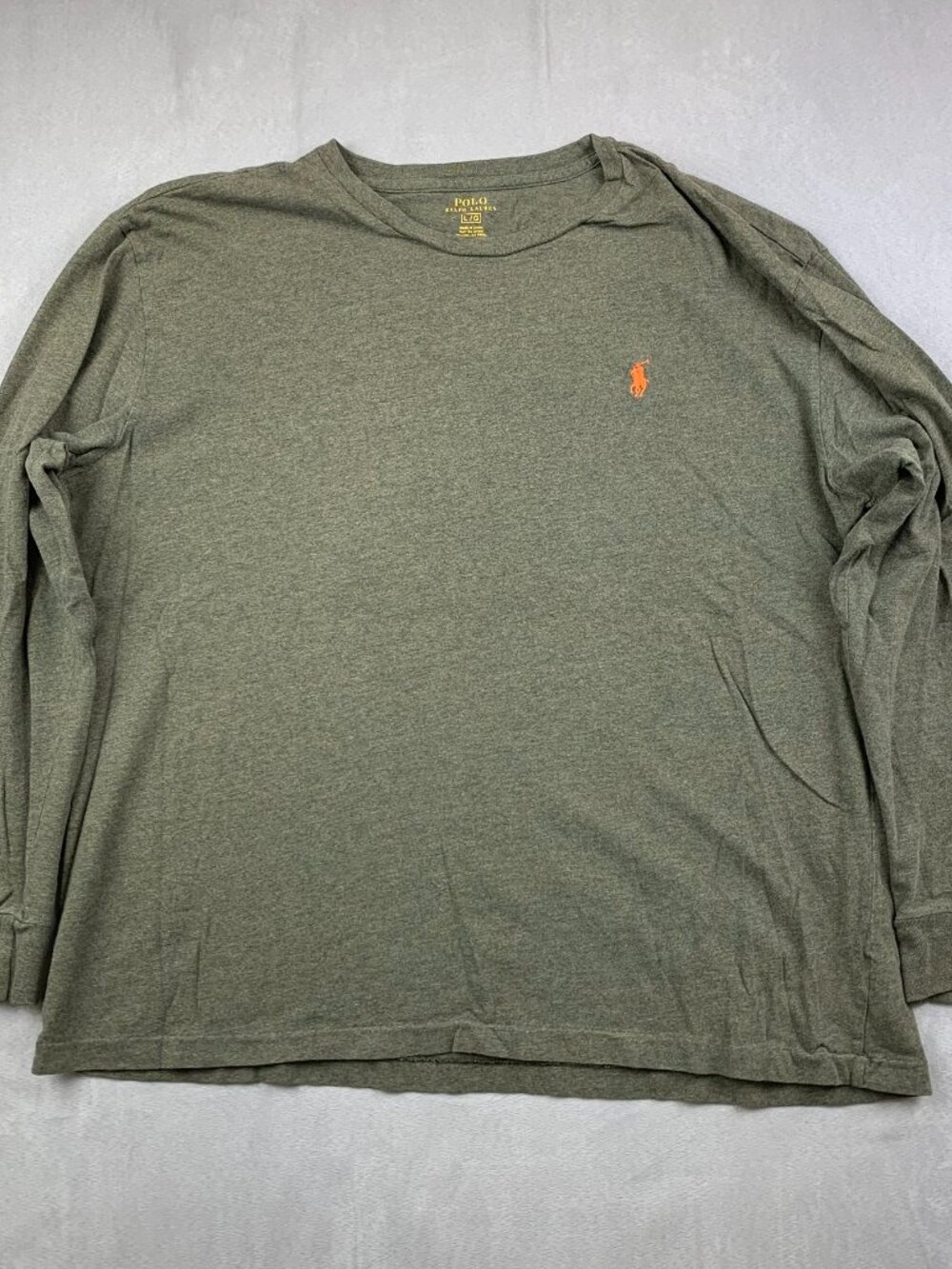 Ralph Lauren Mens Shirt Large Green Heather Crewneck Long Sleeve Orange Pony